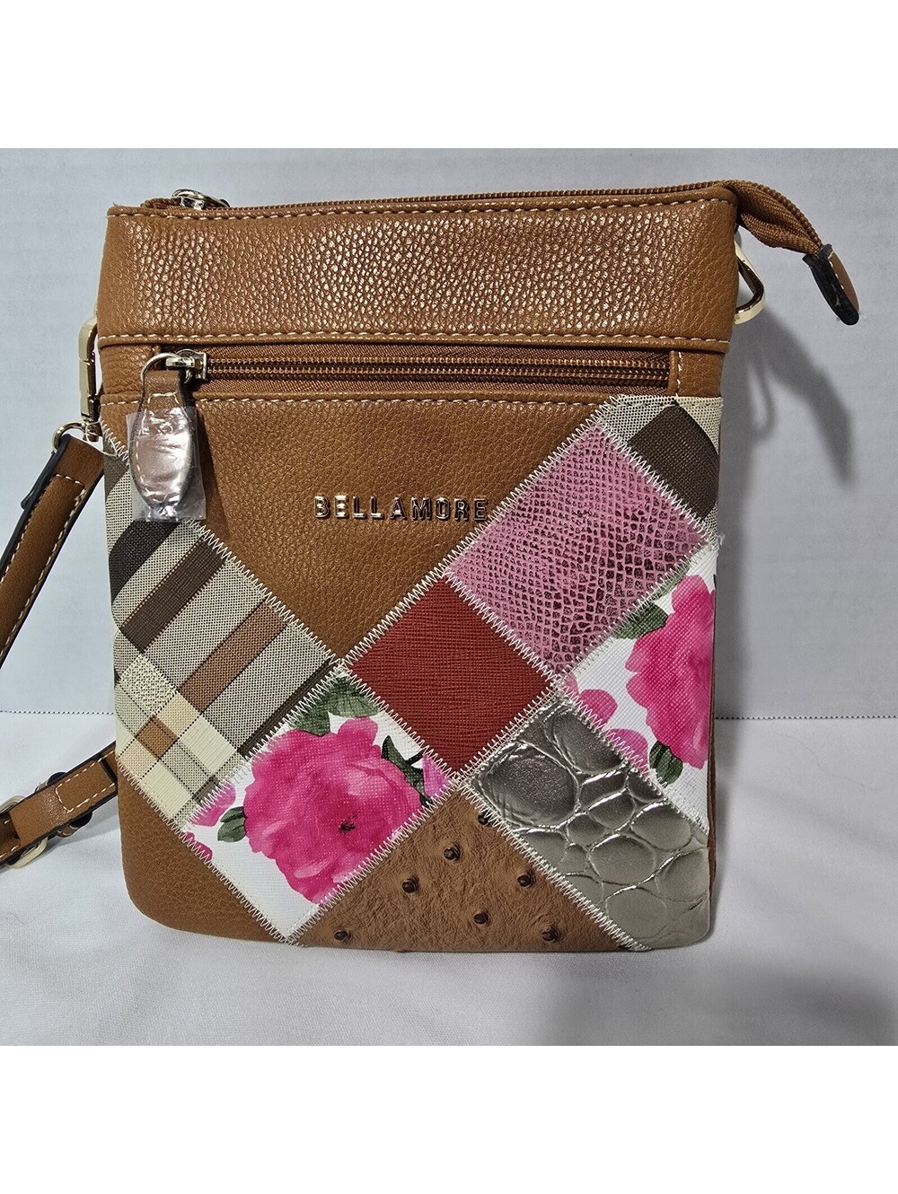 Bellamore Rose Print Brown Leather Purse Women Floral